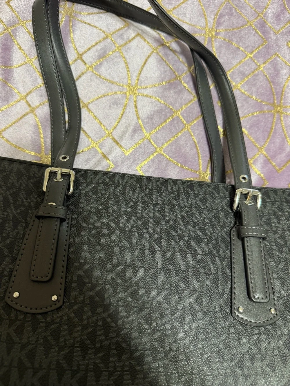 Michael Kors Black & Taupe Logo-Print Tote with MK Charm
